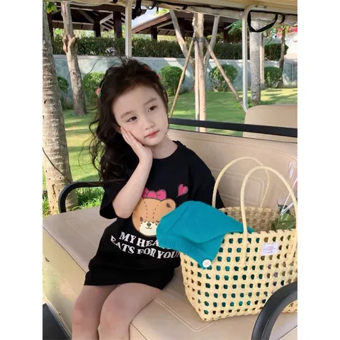 Váy bé gái, váy cotton dáng suông họa tiết gấu My Heart cho bé 8-28kg