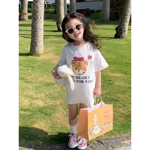 Váy bé gái, váy cotton dáng suông họa tiết gấu My Heart cho bé 8-28kg