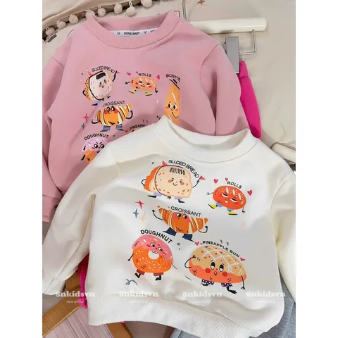 Quần áo thu đông bé gái, set bộ đài tay chất nỉ 2 da họa tiết bánh ngọt cho bé 10-30kg