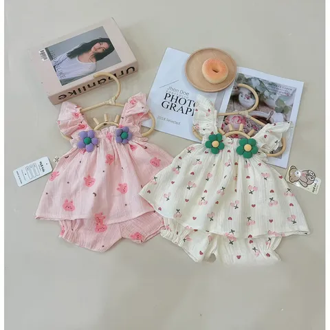 Quần áo bé gái, set bộ cánh tiên chất Musilin hoa nhồi bông cho bé 6-16kg