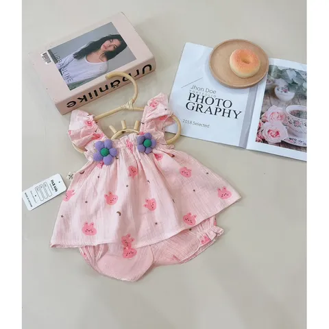 Quần áo bé gái, set bộ cánh tiên chất Musilin hoa nhồi bông cho bé 6-16kg