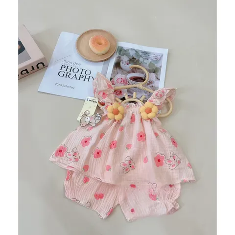 Quần áo bé gái, set bộ cánh tiên chất Musilin hoa nhồi bông cho bé 6-16kg