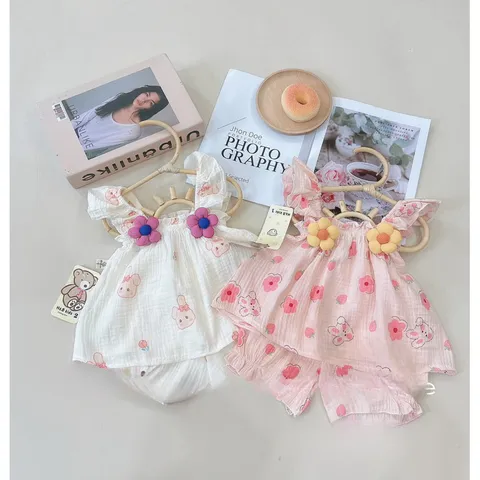 Quần áo bé gái, set bộ cánh tiên chất Musilin hoa nhồi bông cho bé 6-16kg