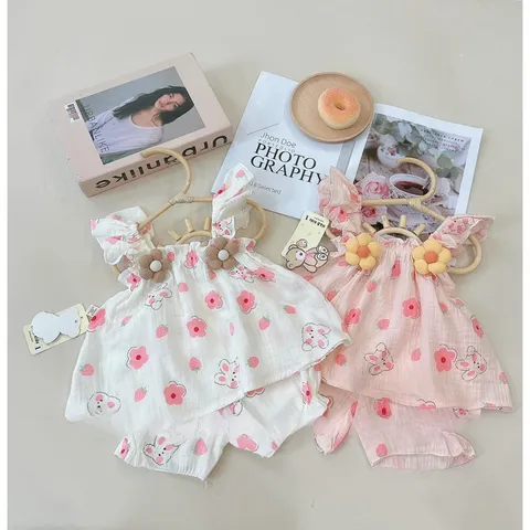 Quần áo bé gái, set bộ cánh tiên chất Musilin hoa nhồi bông cho bé 6-16kg
