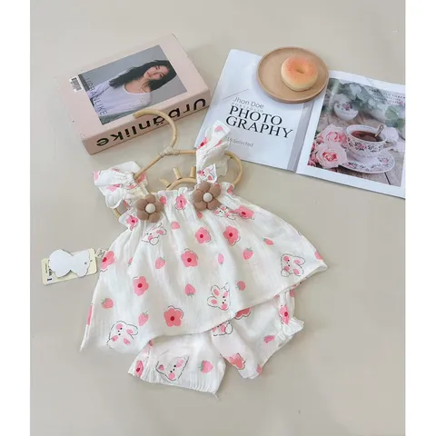 Quần áo bé gái, set bộ cánh tiên chất Musilin hoa nhồi bông cho bé 6-16kg