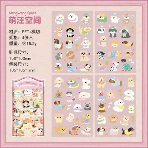 Set 4 Tấm Sticker PET Trong Suốt Cắt Bế Sẵn Mẫu Mèo & Cún Cute Pets Trang Trí Sổ Tay, Bullet Journal, Laptop (Cute Pets