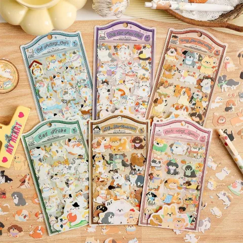 Set 4 Tấm Sticker PET Trong Suốt Cắt Bế Sẵn Mẫu Mèo & Cún Cute Pets Trang Trí Sổ Tay, Bullet Journal, Laptop (Cute Pets