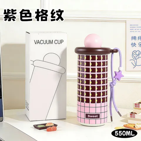 Bình Giữ Nhiệt Nắp Tròn Họa Tiết Kèm Dây Đeo Ngôi Sao 550ml Inox 316 Cao Cấp Có Dây Treo Tiện Lợi