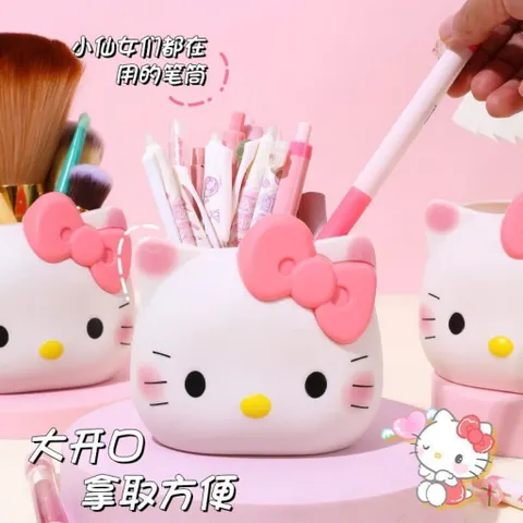 Ống cắm bút Hello Kitty nơ trắng đựng bút, cọ trang điểm, bàn chải đánh răng
