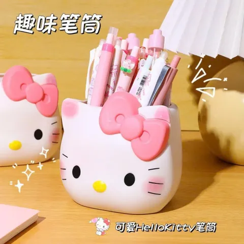Ống cắm bút Hello Kitty nơ trắng đựng bút, cọ trang điểm, bàn chải đánh răng