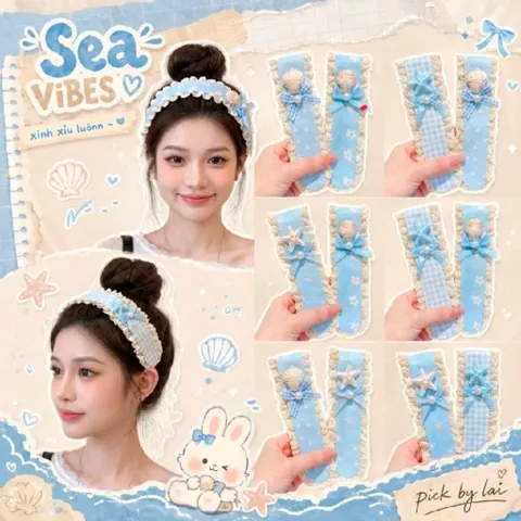 Băng đô tóc velcro nữ phong cách vintage ren nơ hoa sao biển vỏ sò phụ kiện tóc nữ