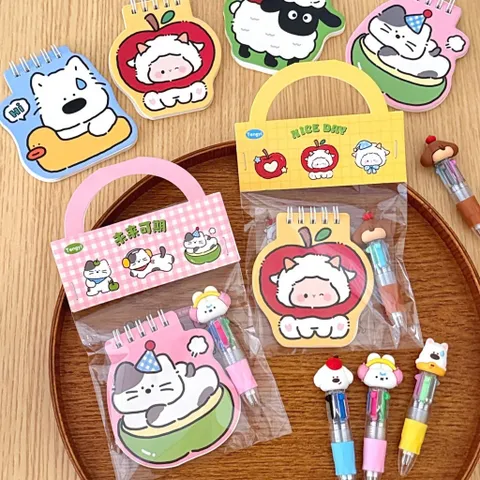 Set Quà Mini 3 Món Văn Phòng Phẩm Hoạt Hình Cute Sổ Tay Lò Xo Sticker Bút Bi Ngòi Icon Làm Quà Tặng Cho Học Sinh Sinh Vi