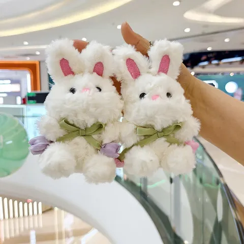 Móc Khóa Thỏ Trắng Buộc Nơ Hoa Tulip 16cm – Thú Bông Mini Treo Cặp, Túi Xách, Chìa Khóa Dễ Thương, Quà Tặng Cute