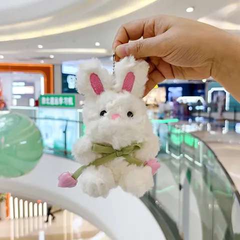 Móc Khóa Thỏ Trắng Buộc Nơ Hoa Tulip 16cm – Thú Bông Mini Treo Cặp, Túi Xách, Chìa Khóa Dễ Thương, Quà Tặng Cute