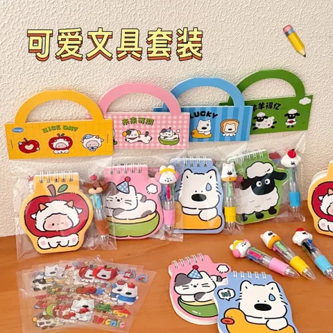 Set Quà Mini 3 Món Văn Phòng Phẩm Hoạt Hình Cute Sổ Tay Lò Xo Sticker Bút Bi Ngòi Icon Làm Quà Tặng Cho Học Sinh Sinh Vi