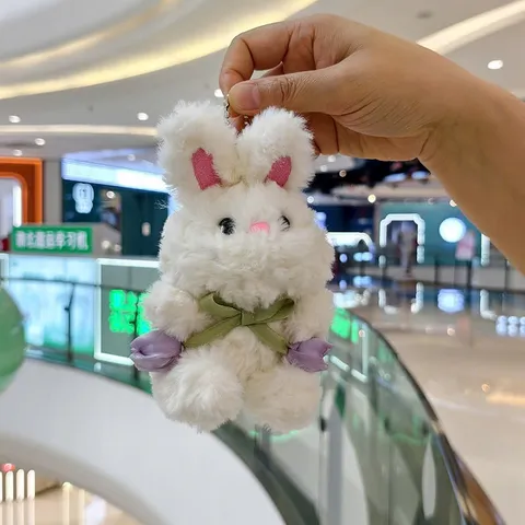 Móc Khóa Thỏ Trắng Buộc Nơ Hoa Tulip 16cm – Thú Bông Mini Treo Cặp, Túi Xách, Chìa Khóa Dễ Thương, Quà Tặng Cute