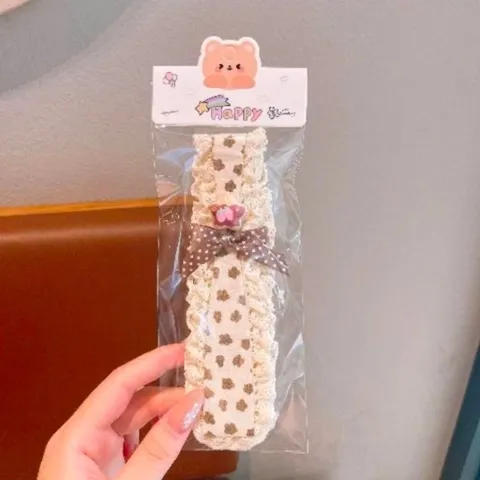 Dán tóc mái dài viền ren vải thô tone nâu charm gấu phụ kiện tóc nữ vintage