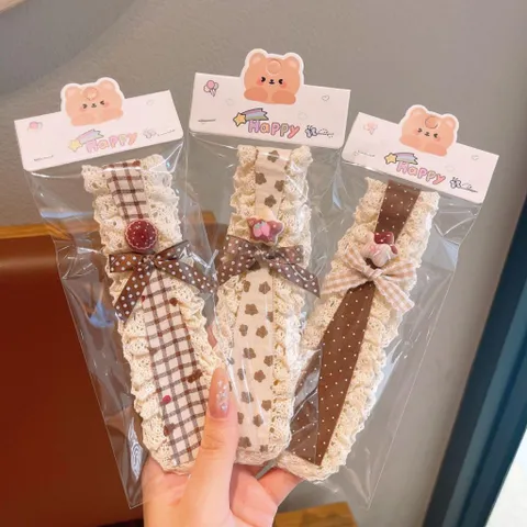 Dán tóc mái dài viền ren vải thô tone nâu charm gấu phụ kiện tóc nữ vintage
