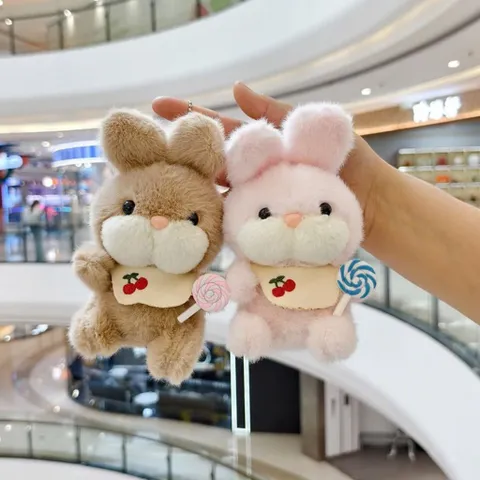 Móc khóa thỏ cầm kẹo mút yếm cherry 13cm, thú bông thỏ dễ thương, móc treo balo túi xách