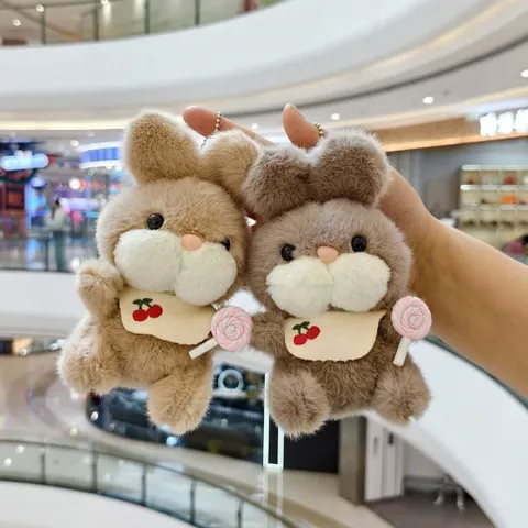 Móc khóa thỏ cầm kẹo mút yếm cherry 13cm, thú bông thỏ dễ thương, móc treo balo túi xách