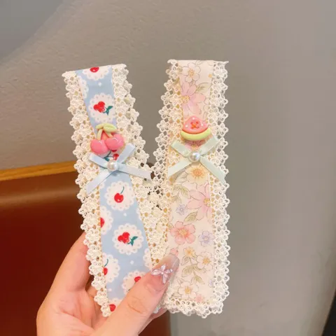 Dán tóc mái dài viền ren gắn charm hoa quả, băng đô tóc nữ dễ thương nhiều mẫu
