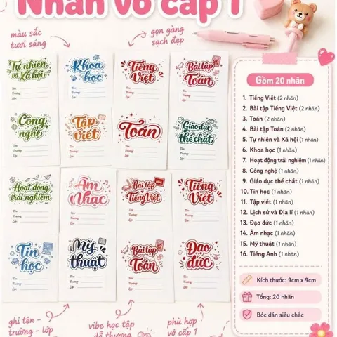 Set 20 nhãn vở từng môn học bullet cấp 1 cấp 2 cấp 3 phiên bản 2026