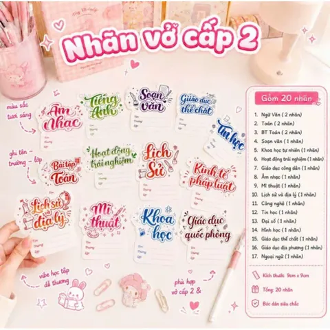 Set 20 nhãn vở từng môn học bullet cấp 1 cấp 2 cấp 3 phiên bản 2026