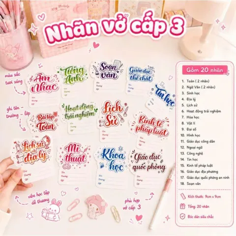 Set 20 nhãn vở từng môn học bullet cấp 1 cấp 2 cấp 3 phiên bản 2026