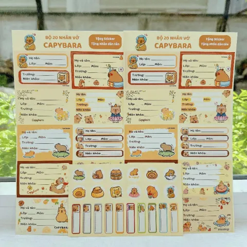 Set 20 nhãn vở Capybara kèm sticker dễ thương nhãn dán vở học sinh