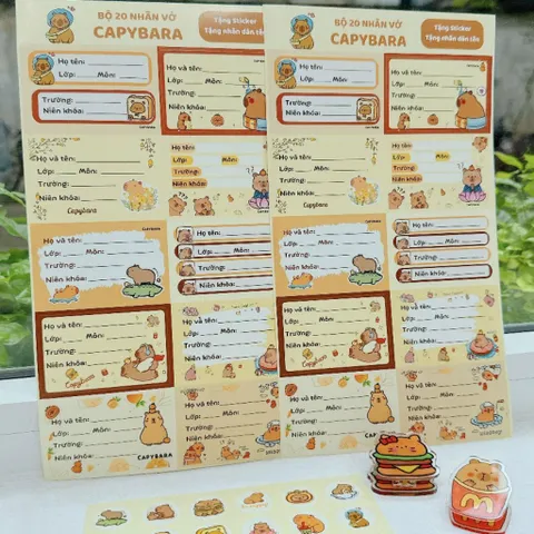 Set 20 nhãn vở Capybara kèm sticker dễ thương nhãn dán vở học sinh