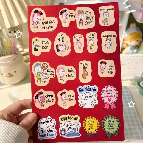 Set 2 tấm sticker meme Tiếng Việt cute, sticker dán vở sổ tay laptop điện thoại, nhãn dán trang trí