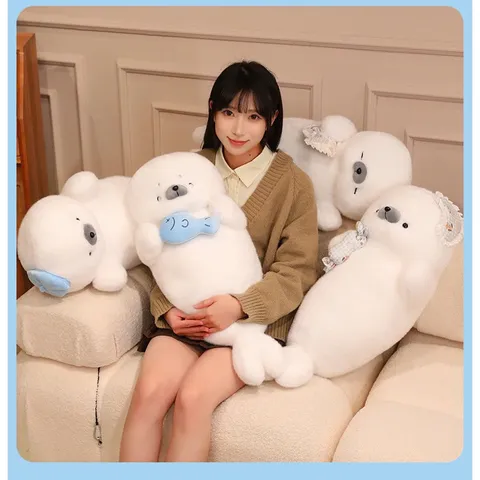 Gối Ôm Hải Cẩu Trắng Xinh Đội Mũ 70cm Gấu Bông Siêu Mềm Ôm Ngủ Trang Trí Phòng Quà Tặng Dễ Thương