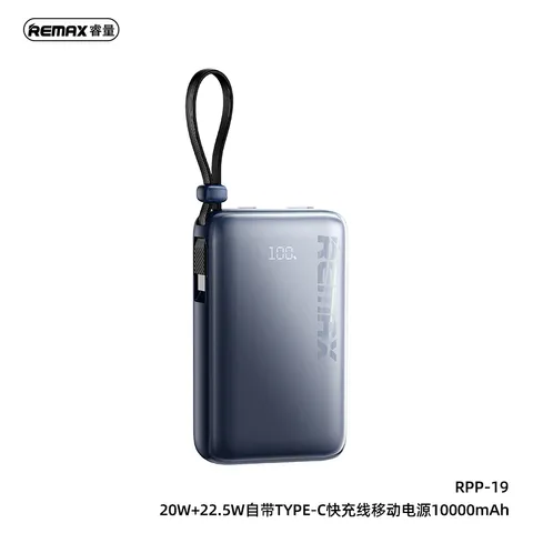Pin Sạc Dự Phòng REMAX RPP-19 10000mAh Tích Hợp Cáp Type-C, Sạc Nhanh 22.5W PD20W, Màn Hình LED %pin (P134150)