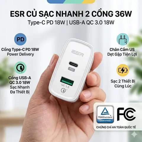 Củ Sạc Nhanh ESR 36W 2 Cổng (Type-C PD 18W & USB-A QC 3.0) - Chân Gập (P133910)