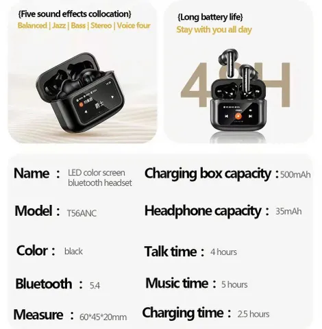 Tai Nghe Bluetooth AWEI T56 ANC Màn Hình Cảm Ứng Màu, Chống Ồn ANC+ENC, Bluetooth 5.4 (P133480)