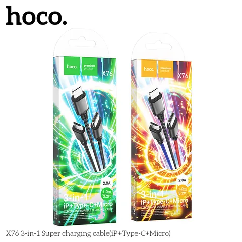 Cáp Sạc 3 Trong 1 Hoco X76 Lightning + Type-C + Micro USB Dây Dù Nylon 1M Sạc Nhanh 2A (P133455)