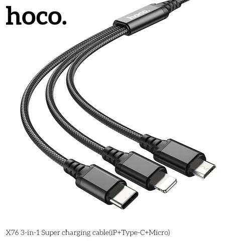Cáp Sạc 3 Trong 1 Hoco X76 Lightning + Type-C + Micro USB Dây Dù Nylon 1M Sạc Nhanh 2A (P133455)