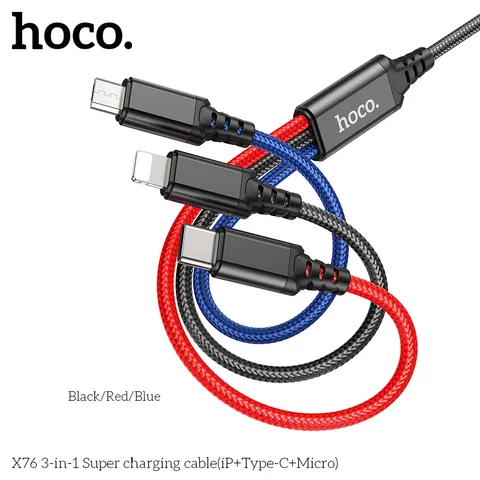 Cáp Sạc 3 Trong 1 Hoco X76 Lightning + Type-C + Micro USB Dây Dù Nylon 1M Sạc Nhanh 2A (P133455)