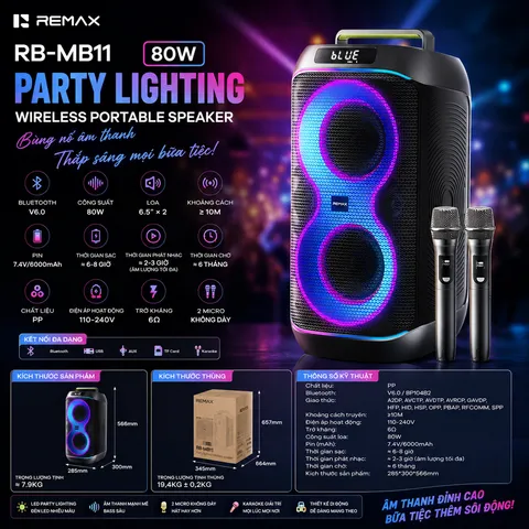 Loa Karaoke REMAX RB-MB11 80W Kèm 2 Micro Không Dây Bluetooth 6.0 Đèn LED Party Âm Thanh Sống Động (P133417)