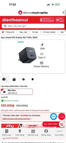 Củ Sạc Nhanh AUKEY Minima 30W PD/PPS (Bản au +1 collection SELECT) - Chân Cắm Gập, Siêu Nhỏ Gọn (P133049)