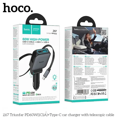 Tẩu Sạc Xe Hơi HOCO Z67/Z67A PD60W - Sạc Nhanh - Kèm Cáp Rút Đa Năng, Tiện Lợi - Thiết Kế Cao Cấp. (P133012)