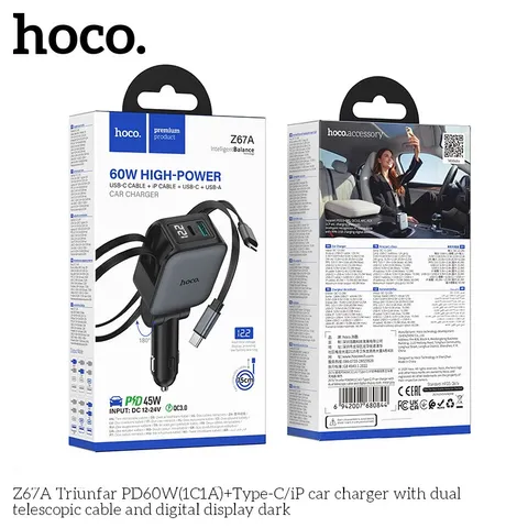Tẩu Sạc Xe Hơi HOCO Z67/Z67A PD60W - Sạc Nhanh - Kèm Cáp Rút Đa Năng, Tiện Lợi - Thiết Kế Cao Cấp. (P133012)