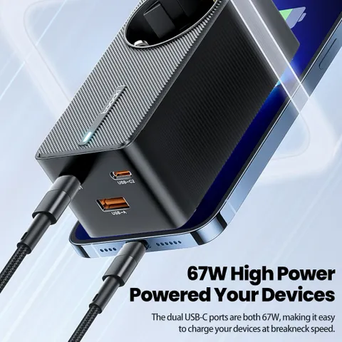 Bộ sạc nhanh 67W Toocki, 2 cổng C + 1 USB + 1 AC 220V, công suất 2500W (P132899)