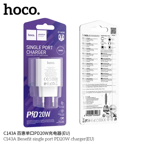 Củ Sạc Hoco C143/C143A (US/EU)  PD20W Cổng Type-C Thiết Kế Nhỏ Gọn, Hỗ trợ Sạc Nhanh Ổn Định (P132629)