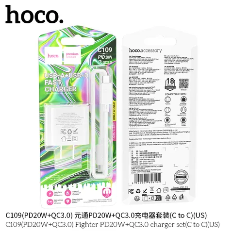 Bộ Sạc Nhanh HOCO C109 (US) Fighter- Sạc Nhanh PD20W-QC3.0 - Sạc Ổn Định Cho Mọi Thiết Bị. (P132016)
