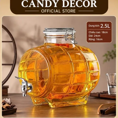 (3L, 5L, 8L) -  Bình Ngâm R.ư.ợ.u, Hoa Quả Thủy Tinh Dày Dặn Cao Cấp, Hình Trống Đẹp Mắt, Có Vòi Tiện Lợi, Dung Tích