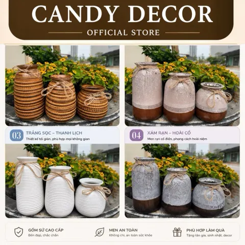 (Nhiều Màu) - Set 3 Bình Hoa Men Nâu Mộc Gốm Sứ Bát Tràng Dáng đơn giản – mộc mạc | Decor nhà cửa – studio chụp ảnh