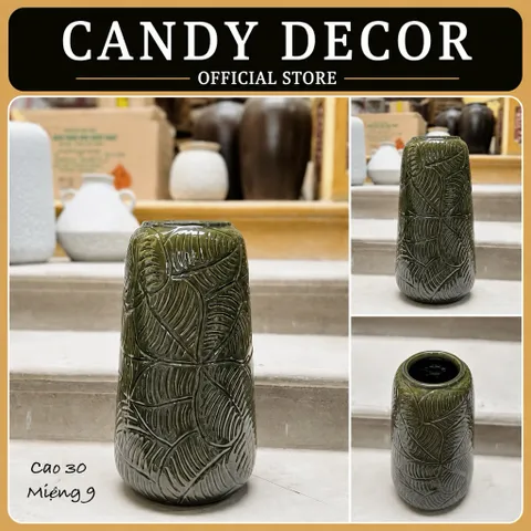 Bình hoa dáng đu đủ khắc lá men ngọc bích hàng gốm sứ Bát Tràng decor nhà xinh và sang