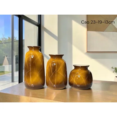Set 3 bình hoa lọ hoa gốm Bát Tràng cao cấp men cẩm thạch, vân mây nhiều màu phù hợp các loại hoa decor nhà sang làm quà