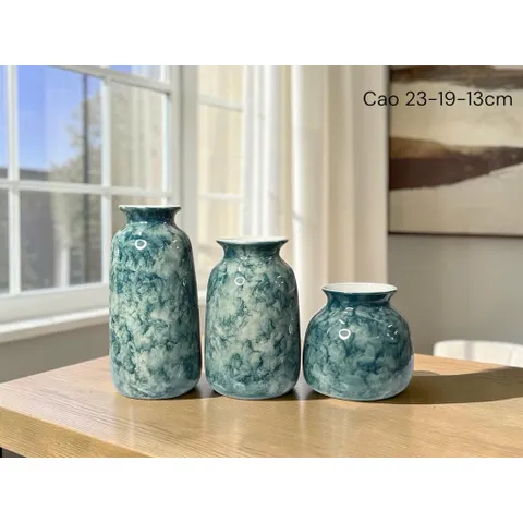 Set 3 bình hoa lọ hoa gốm Bát Tràng cao cấp men cẩm thạch, vân mây nhiều màu phù hợp các loại hoa decor nhà sang làm quà